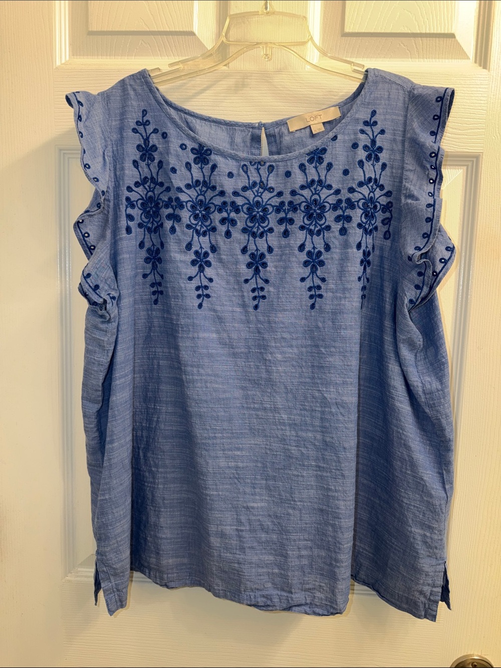 LOFT Blue Floral Embroidered Cap Sleeve Blouse Cotton